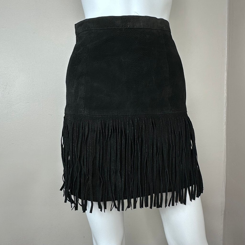 Vintage 1980s Black Leather Mini Skirt With Fringe S&U Leather Fashions Size Xxs